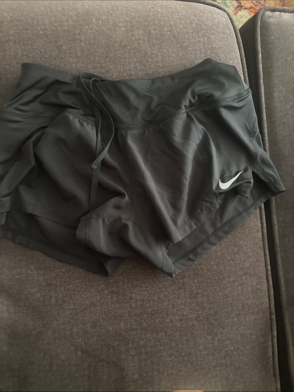 Nike Women's Black Athletic Layered Running Shorts with White Swoosh